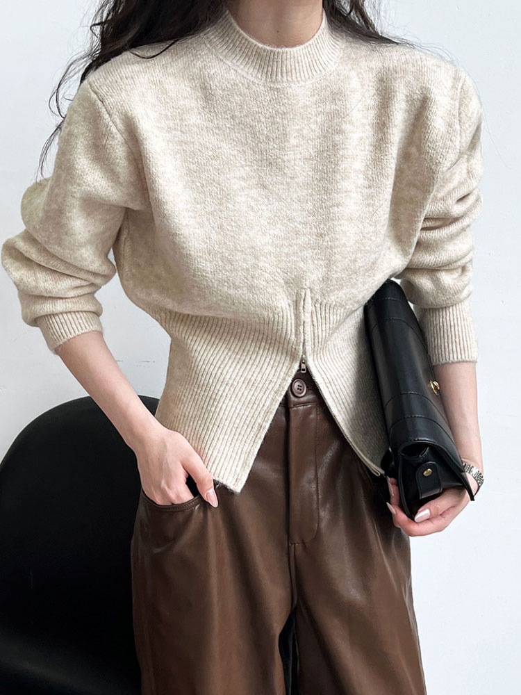 ハイネック ジッパー ニット トップス セーター 裾ジップ カジュアル 秋 ファスナー 長袖 可愛い 冬 レディース 無地 新作 2023秋冬 プチハイネック 