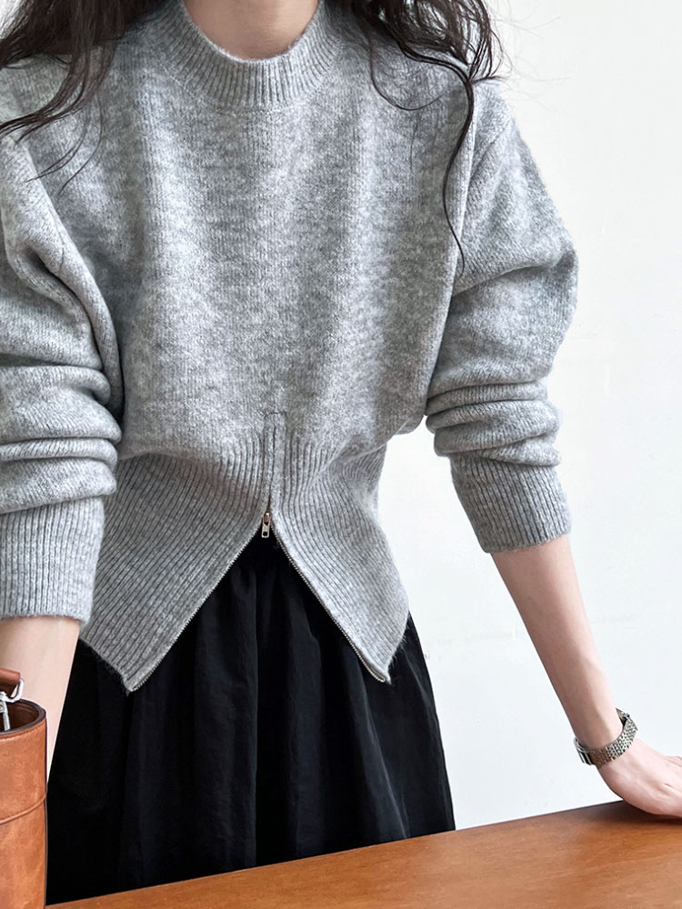 ハイネック ジッパー ニット トップス セーター 裾ジップ カジュアル 秋 ファスナー 長袖 可愛い 冬 レディース 無地 新作 2023秋冬 プチハイネック 