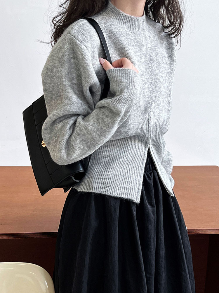 ハイネック ジッパー ニット トップス セーター 裾ジップ カジュアル 秋 ファスナー 長袖 可愛い 冬 レディース 無地 新作 2023秋冬 プチハイネック 