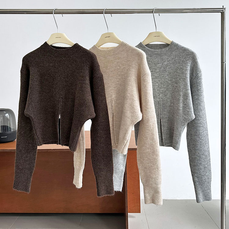 ハイネック ジッパー ニット トップス セーター 裾ジップ カジュアル 秋 ファスナー 長袖 可愛い 冬 レディース 無地 新作 2023秋冬 プチハイネック 