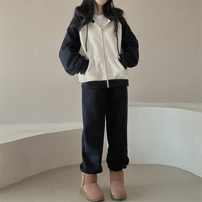 上下セット レディース セットアップ スウェット 切り替え ジップアップ 長袖 ジョガーパンツ ロングパンツ フード付き 