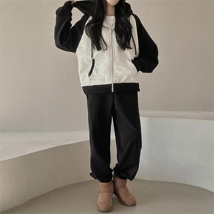 上下セット レディース セットアップ スウェット 切り替え ジップアップ 長袖 ジョガーパンツ ロングパンツ フード付き 