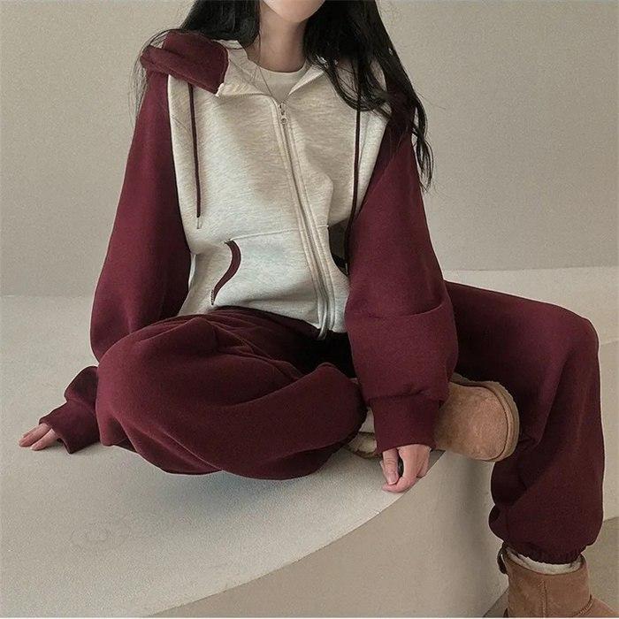 上下セット レディース セットアップ スウェット 切り替え ジップアップ 長袖 ジョガーパンツ ロングパンツ フード付き 