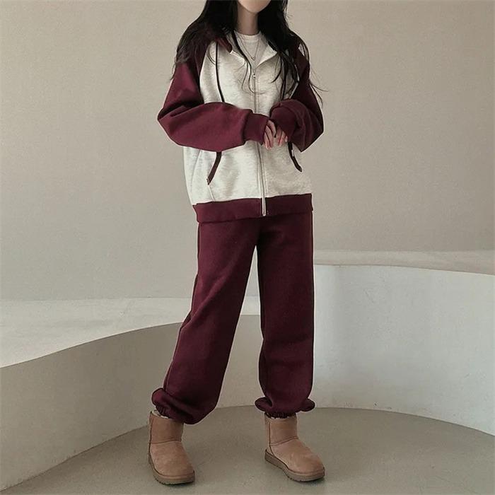 上下セット レディース セットアップ スウェット 切り替え ジップアップ 長袖 ジョガーパンツ ロングパンツ フード付き 