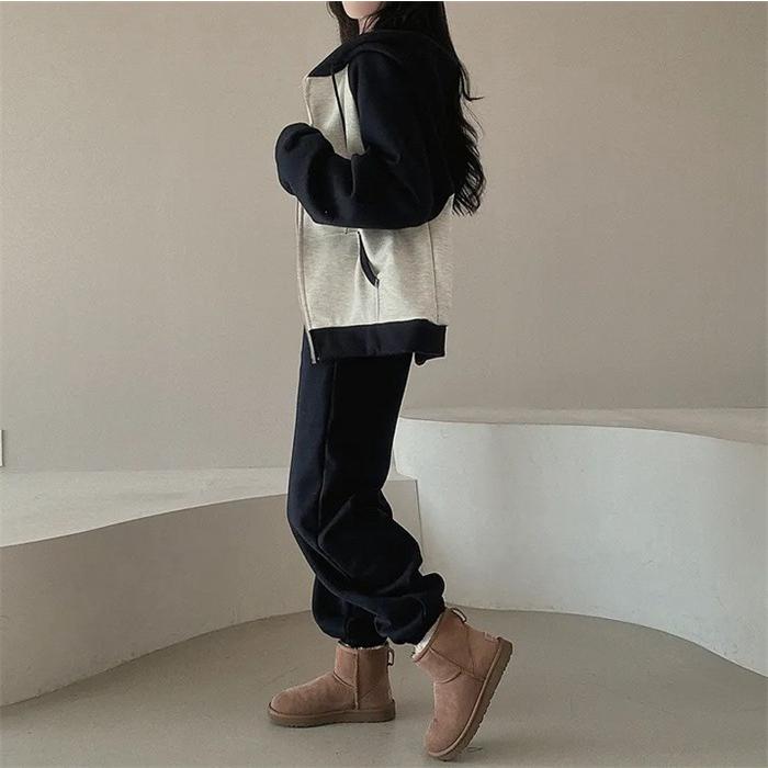 上下セット レディース セットアップ スウェット 切り替え ジップアップ 長袖 ジョガーパンツ ロングパンツ フード付き 