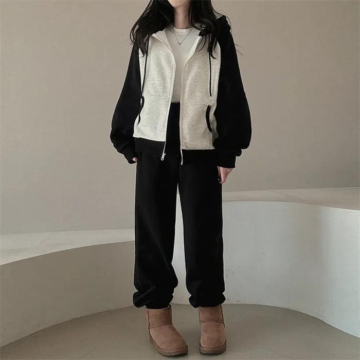 上下セット レディース セットアップ スウェット 切り替え ジップアップ 長袖 ジョガーパンツ ロングパンツ フード付き 