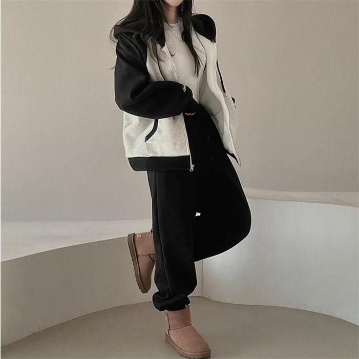 上下セット レディース セットアップ スウェット 切り替え ジップアップ 長袖 ジョガーパンツ ロングパンツ フード付き 