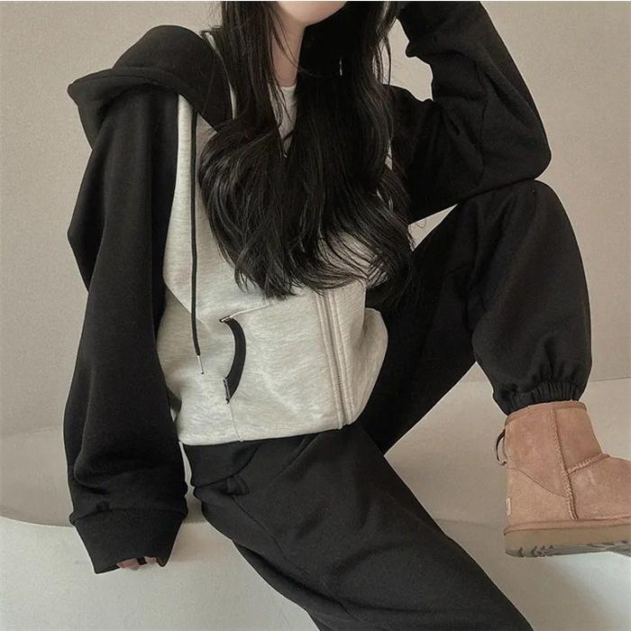 上下セット レディース セットアップ スウェット 切り替え ジップアップ 長袖 ジョガーパンツ ロングパンツ フード付き 