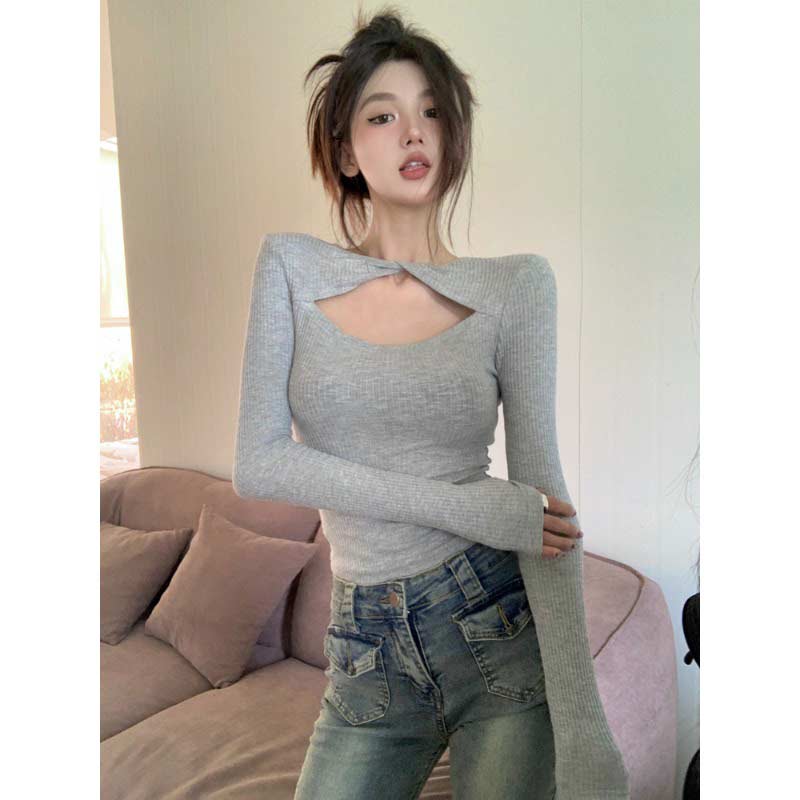 胸元セクシートップス レディース長袖Tシャツ シンプル セクシートップス ブラック レディースファッション  