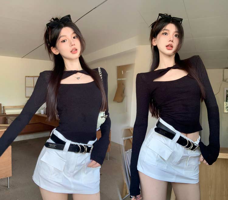 胸元セクシートップス レディース長袖Tシャツ シンプル セクシートップス ブラック レディースファッション  