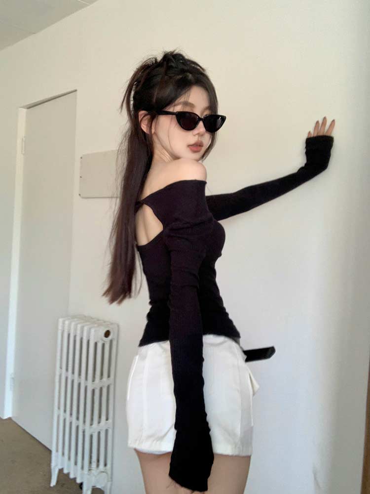 胸元セクシートップス レディース長袖Tシャツ シンプル セクシートップス ブラック レディースファッション  