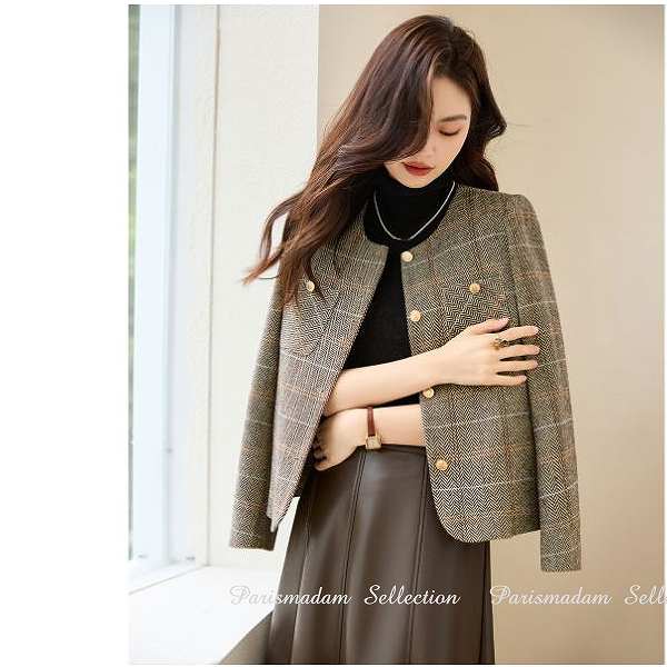 ノーカラージャケット ブラウン系 ツイードジャケット イベント セレモニー パーティー 大きいサイズ有り Sから2L送料無料20代30代40代50代60代 