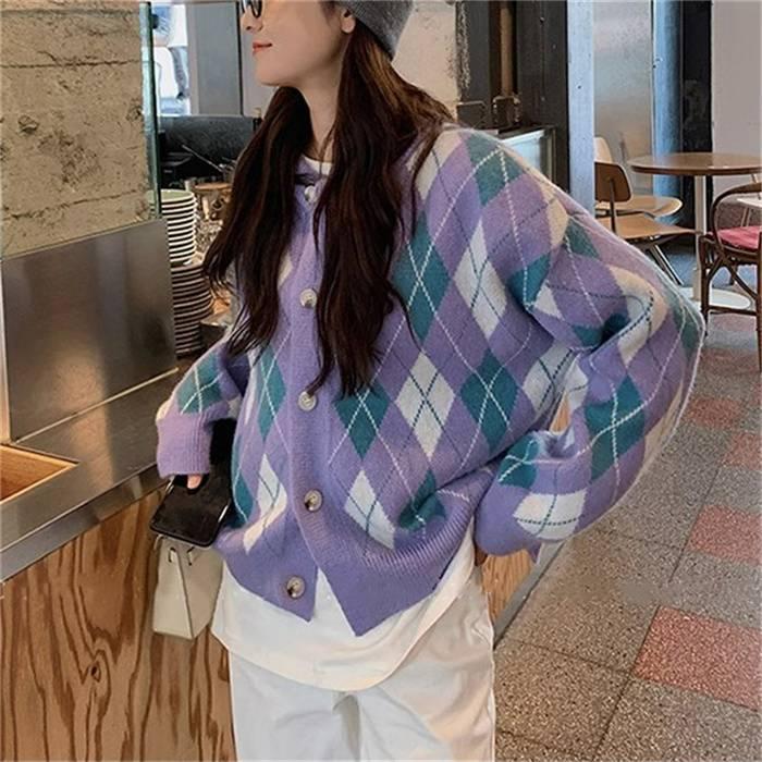 ニットカーディガン レディース カーディガン ニット セーター Vネック チェック柄 ボタン留め トップス 開襟 上着 ライトアウター 