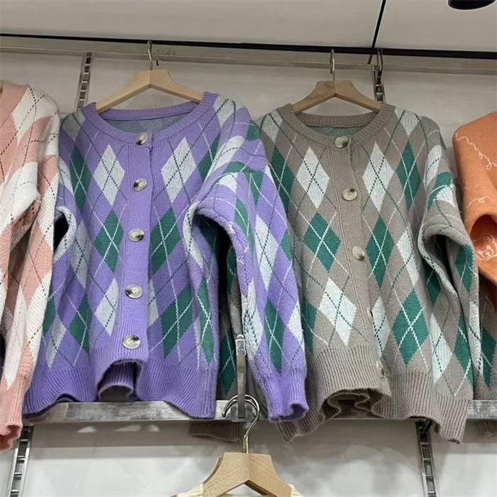 ニットカーディガン レディース カーディガン ニット セーター Vネック チェック柄 ボタン留め トップス 開襟 上着 ライトアウター 
