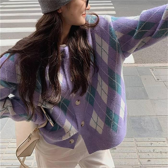 ニットカーディガン レディース カーディガン ニット セーター Vネック チェック柄 ボタン留め トップス 開襟 上着 ライトアウター 