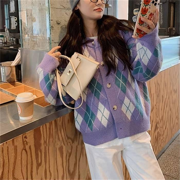 ニットカーディガン レディース カーディガン ニット セーター Vネック チェック柄 ボタン留め トップス 開襟 上着 ライトアウター 