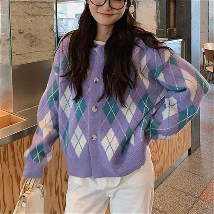 ニットカーディガン レディース カーディガン ニット セーター Vネック チェック柄 ボタン留め トップス 開襟 上着 ライトアウター 