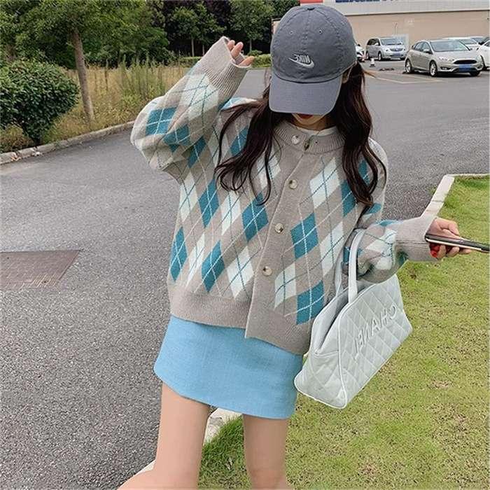 ニットカーディガン レディース カーディガン ニット セーター Vネック チェック柄 ボタン留め トップス 開襟 上着 ライトアウター 