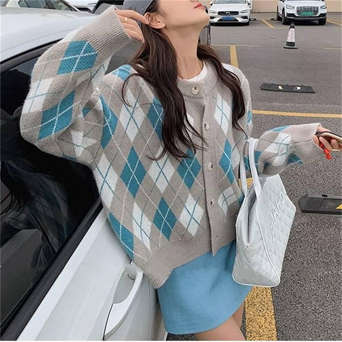 ニットカーディガン レディース カーディガン ニット セーター Vネック チェック柄 ボタン留め トップス 開襟 上着 ライトアウター 