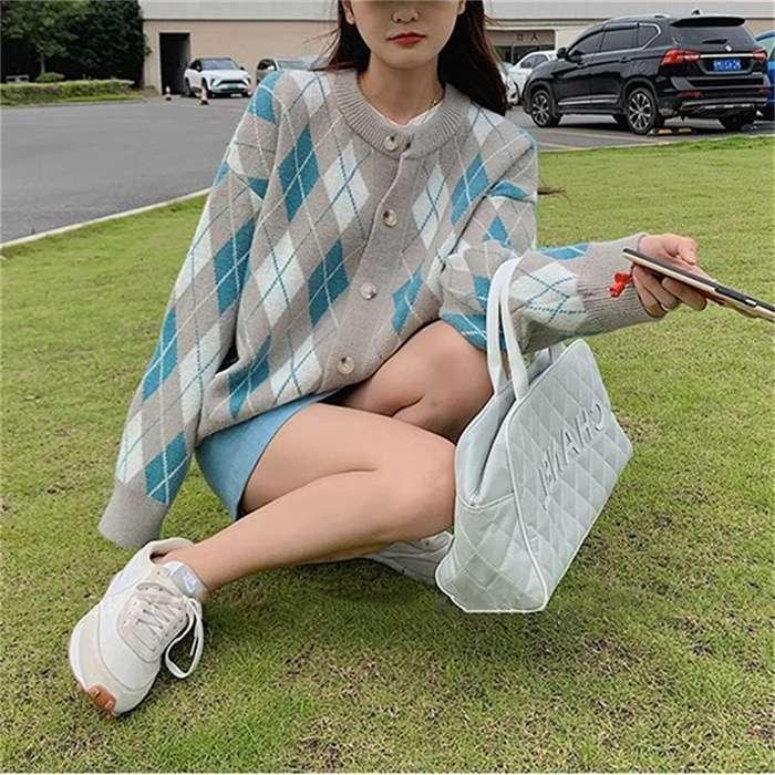 ニットカーディガン レディース カーディガン ニット セーター Vネック チェック柄 ボタン留め トップス 開襟 上着 ライトアウター 
