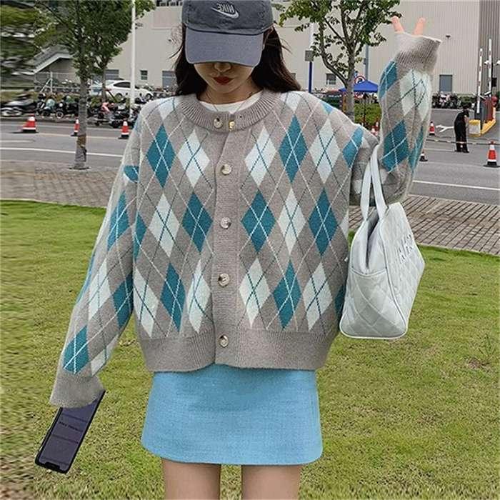 ニットカーディガン レディース カーディガン ニット セーター Vネック チェック柄 ボタン留め トップス 開襟 上着 ライトアウター 