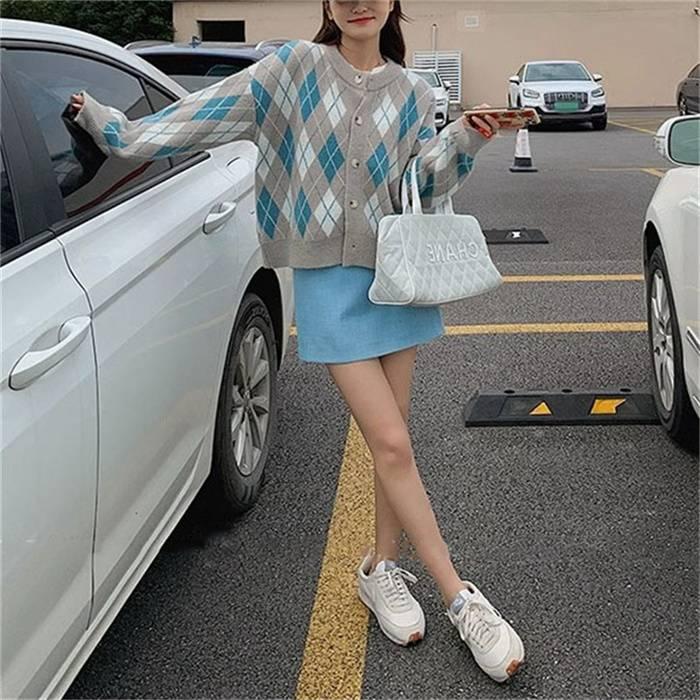 ニットカーディガン レディース カーディガン ニット セーター Vネック チェック柄 ボタン留め トップス 開襟 上着 ライトアウター 