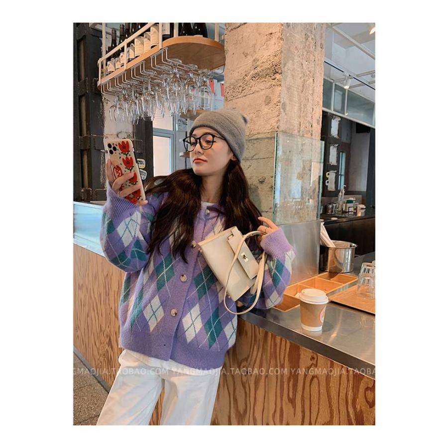 ニットカーディガン レディース カーディガン ニット セーター Vネック チェック柄 ボタン留め トップス 開襟 上着 ライトアウター 