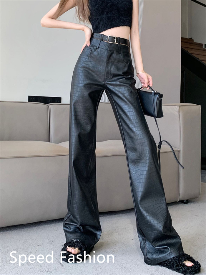 PU レザーワイドレッグパンツ レディース バギーパンツ ロング丈 ハイウエスト ズボン 大人 カジュアル ワイドレッグパンツ ボ体型カバー 