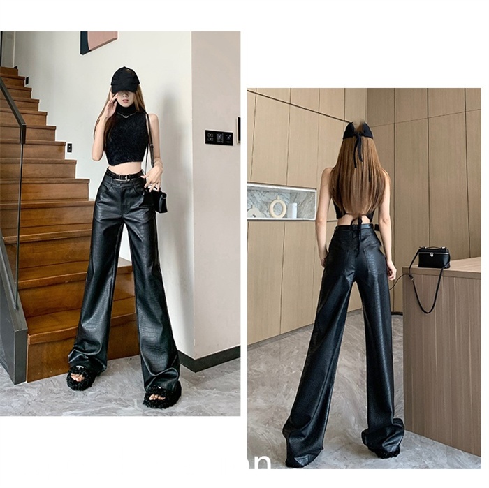 PU レザーワイドレッグパンツ レディース バギーパンツ ロング丈 ハイウエスト ズボン 大人 カジュアル ワイドレッグパンツ ボ体型カバー 