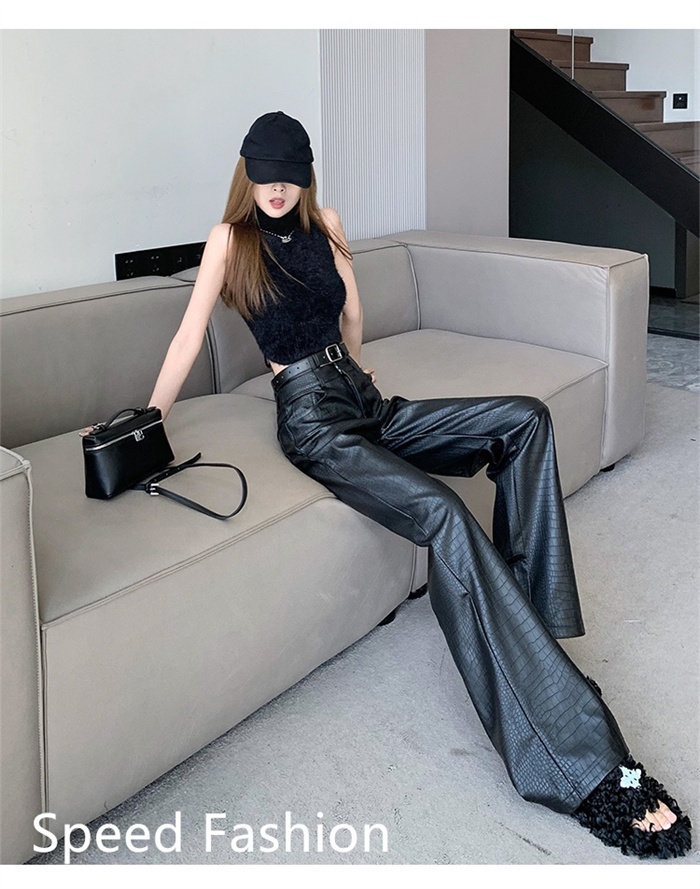 PU レザーワイドレッグパンツ レディース バギーパンツ ロング丈 ハイウエスト ズボン 大人 カジュアル ワイドレッグパンツ ボ体型カバー 