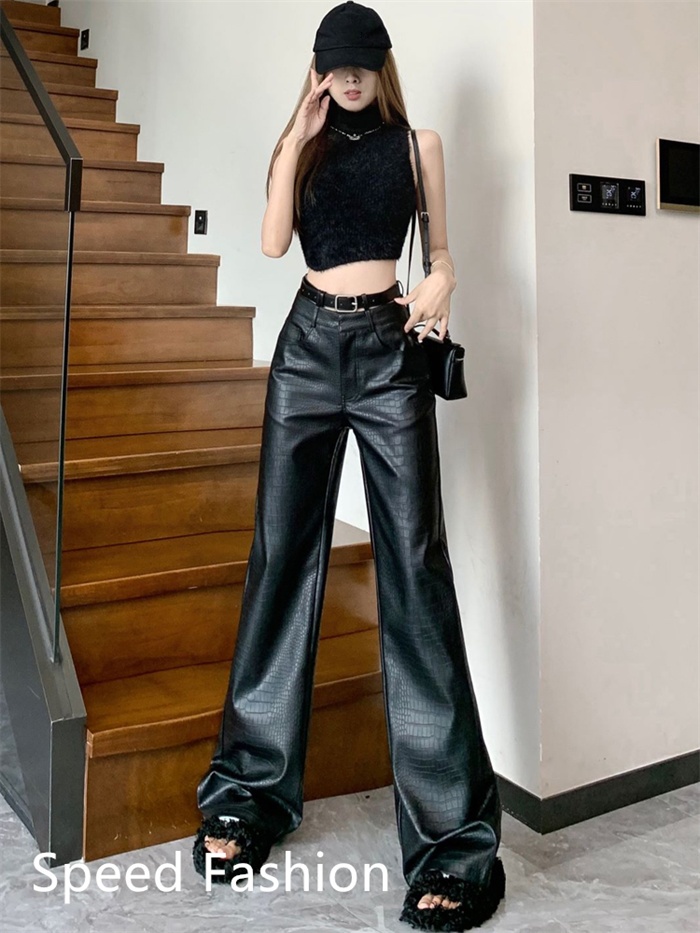 PU レザーワイドレッグパンツ レディース バギーパンツ ロング丈 ハイウエスト ズボン 大人 カジュアル ワイドレッグパンツ ボ体型カバー 