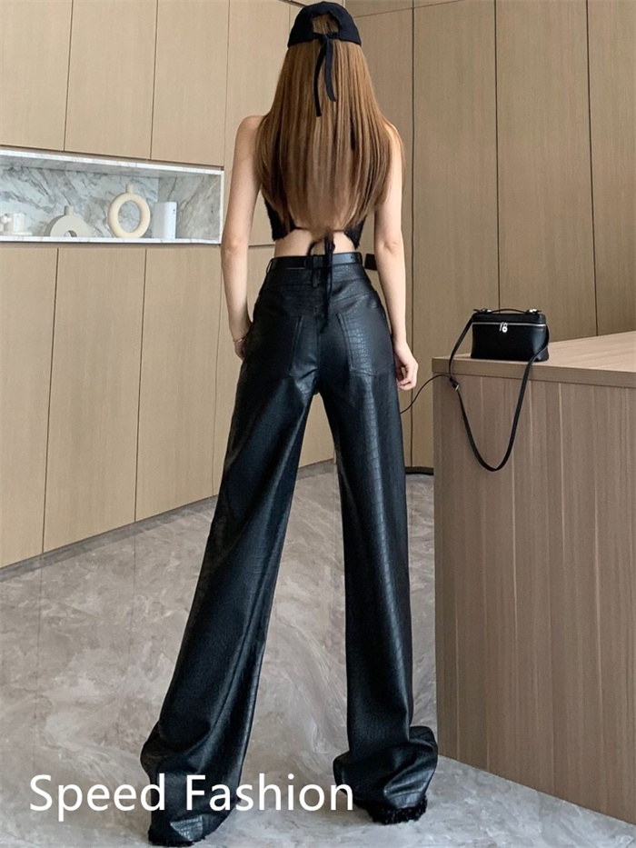 PU レザーワイドレッグパンツ レディース バギーパンツ ロング丈 ハイウエスト ズボン 大人 カジュアル ワイドレッグパンツ ボ体型カバー 