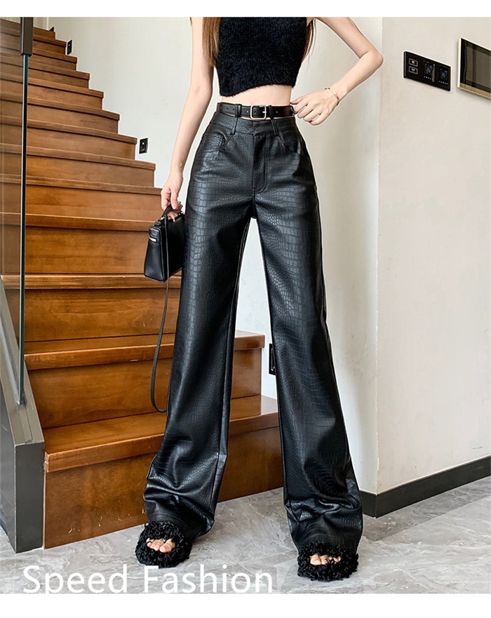PU レザーワイドレッグパンツ レディース バギーパンツ ロング丈 ハイウエスト ズボン 大人 カジュアル ワイドレッグパンツ ボ体型カバー 