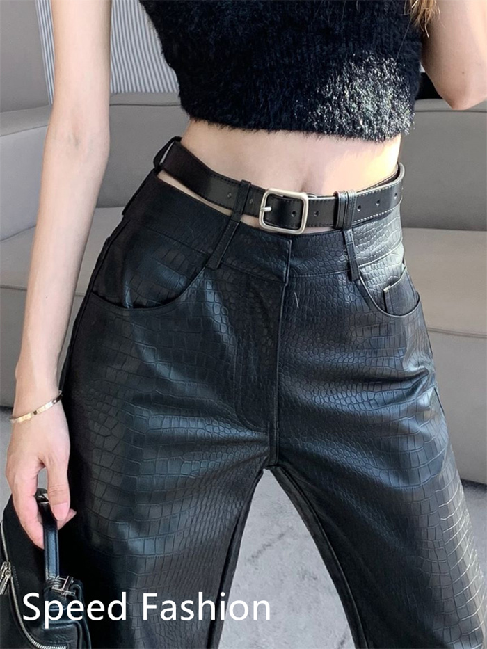 PU レザーワイドレッグパンツ レディース バギーパンツ ロング丈 ハイウエスト ズボン 大人 カジュアル ワイドレッグパンツ ボ体型カバー 