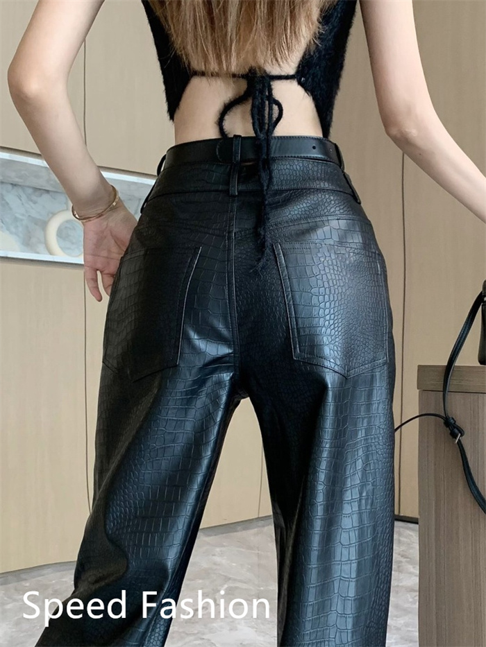 PU レザーワイドレッグパンツ レディース バギーパンツ ロング丈 ハイウエスト ズボン 大人 カジュアル ワイドレッグパンツ ボ体型カバー 