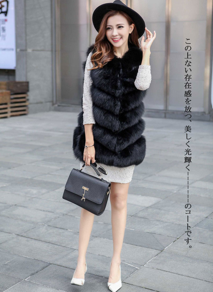 毛皮ベスト ファーベスト レディース フォックス フェイクファー 袖なし 優雅 暖かい 秋 ミドル丈 もこもこ 冬 。 アウター 上品 ギフト ふわふわ 