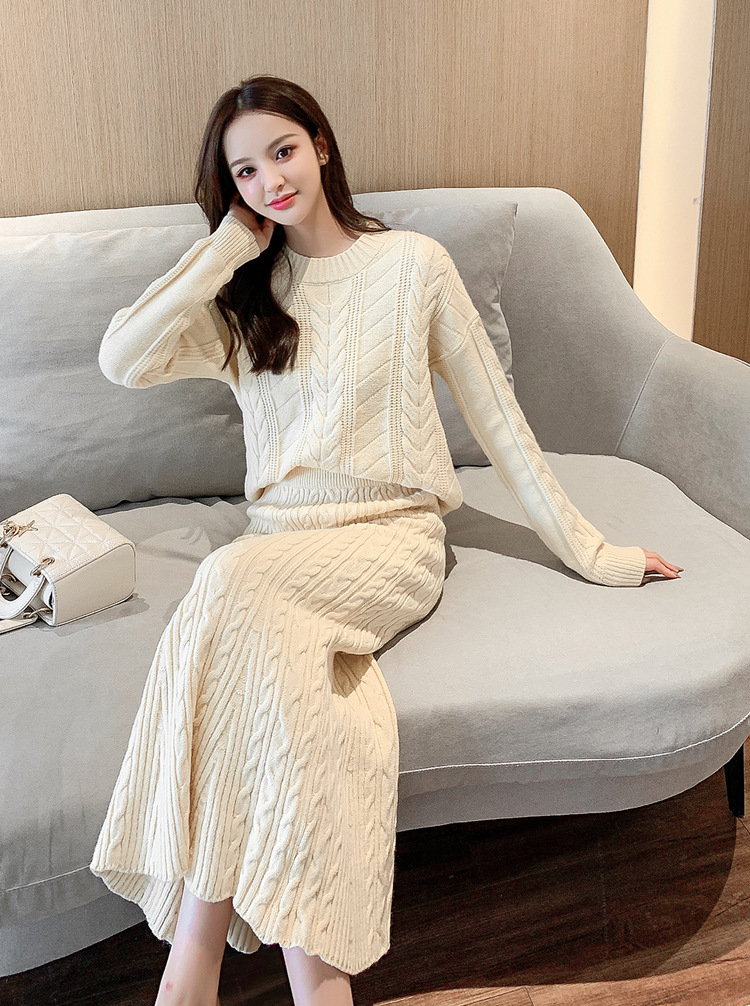 ニットセットアップ レディース 秋冬 長袖 ニットトップス 丸首 着痩せ タイトスカート 通勤 オシャレ 上品 