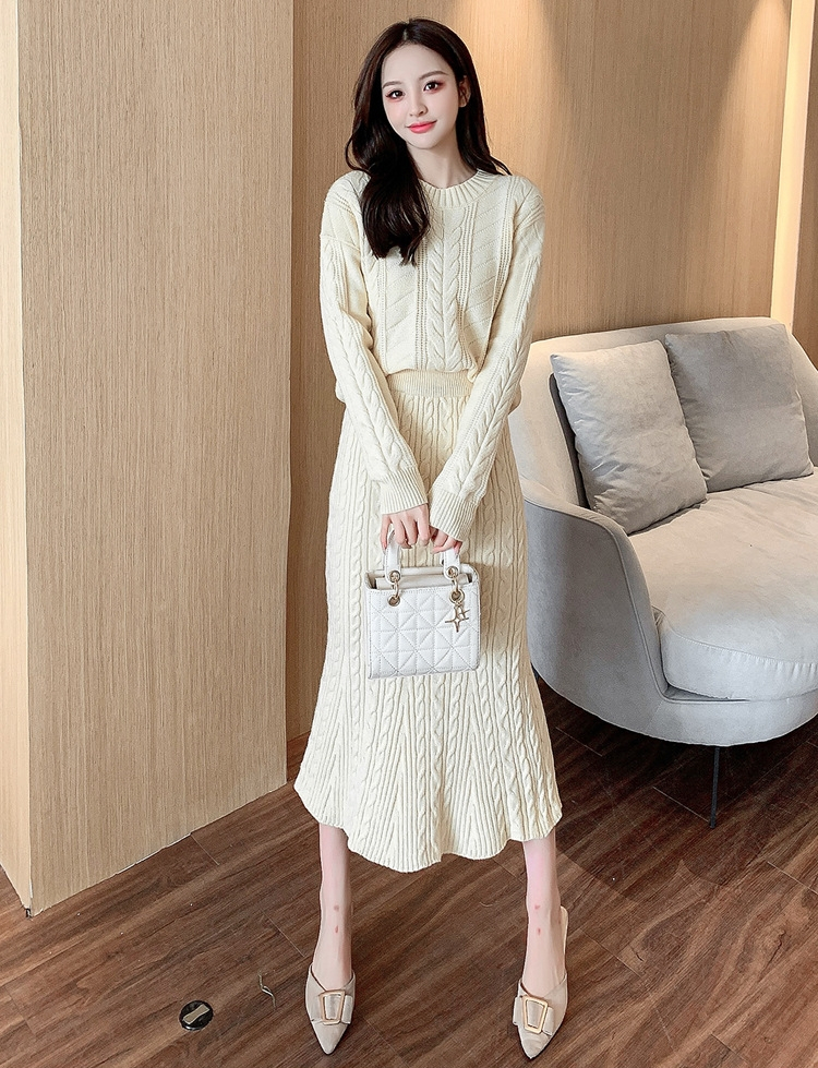 ニットセットアップ レディース 秋冬 長袖 ニットトップス 丸首 着痩せ タイトスカート 通勤 オシャレ 上品 