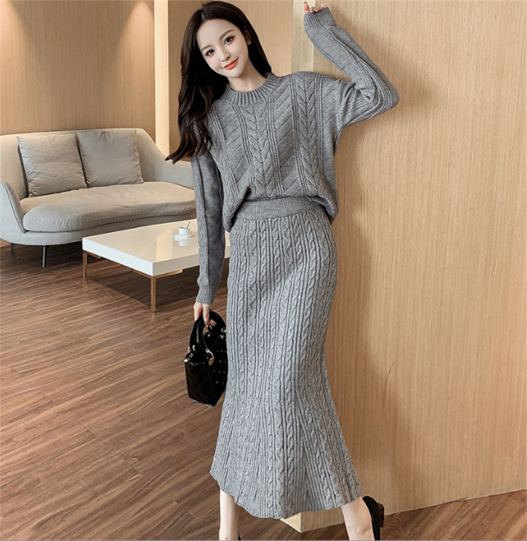 ニットセットアップ レディース 秋冬 長袖 ニットトップス 丸首 着痩せ タイトスカート 通勤 オシャレ 上品 