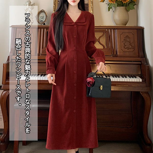 ワンピース 冬服 秋冬 長袖 フレンチ レトロ かわいい レディース パーティー Aライン レッド お出かけ 大きいサイズ 上品 おしゃれ エレファッション 