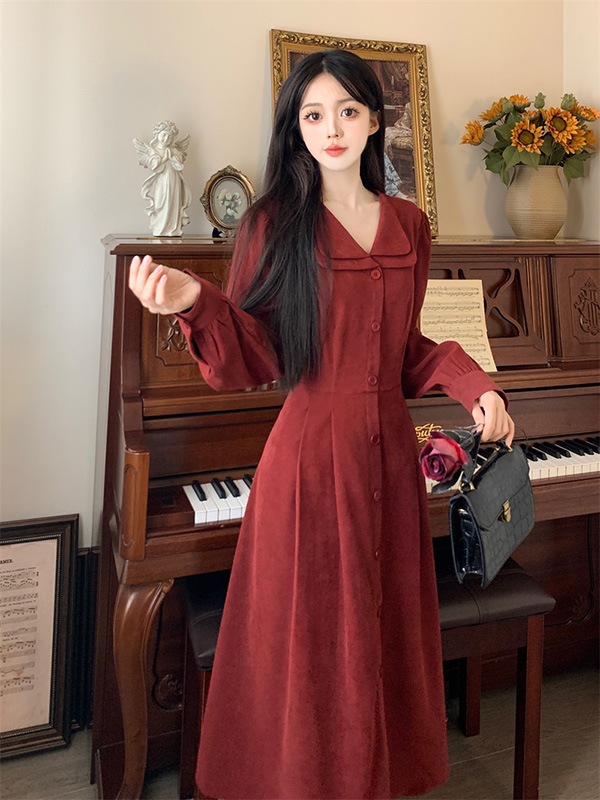 ワンピース 冬服 秋冬 長袖 フレンチ レトロ かわいい レディース パーティー Aライン レッド お出かけ 大きいサイズ 上品 おしゃれ エレファッション 