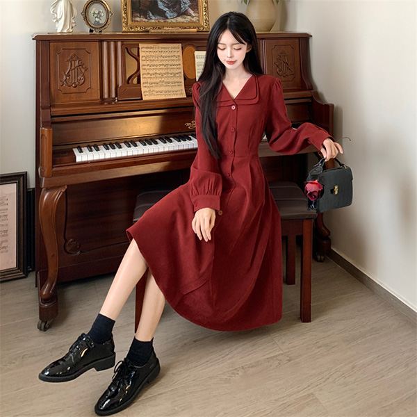 ワンピース 冬服 秋冬 長袖 フレンチ レトロ かわいい レディース パーティー Aライン レッド お出かけ 大きいサイズ 上品 おしゃれ エレファッション 