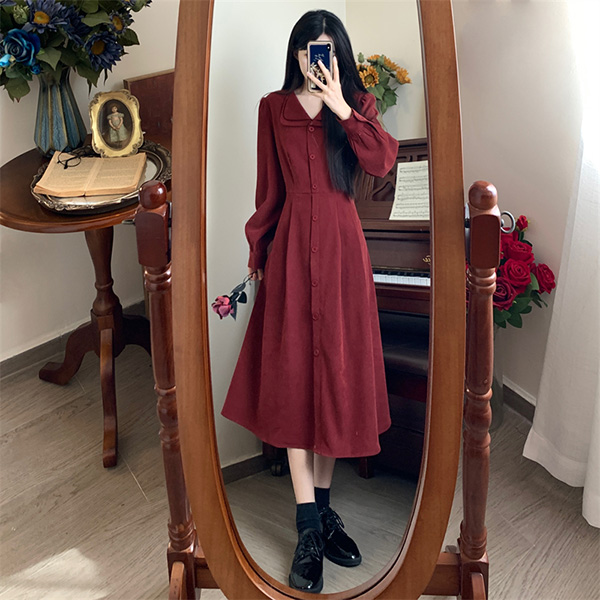 ワンピース 冬服 秋冬 長袖 フレンチ レトロ かわいい レディース パーティー Aライン レッド お出かけ 大きいサイズ 上品 おしゃれ エレファッション 