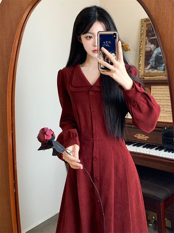 ワンピース 冬服 秋冬 長袖 フレンチ レトロ かわいい レディース パーティー Aライン レッド お出かけ 大きいサイズ 上品 おしゃれ エレファッション 