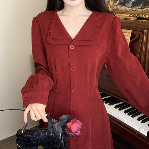 ワンピース 冬服 秋冬 長袖 フレンチ レトロ かわいい レディース パーティー Aライン レッド お出かけ 大きいサイズ 上品 おしゃれ エレファッション 