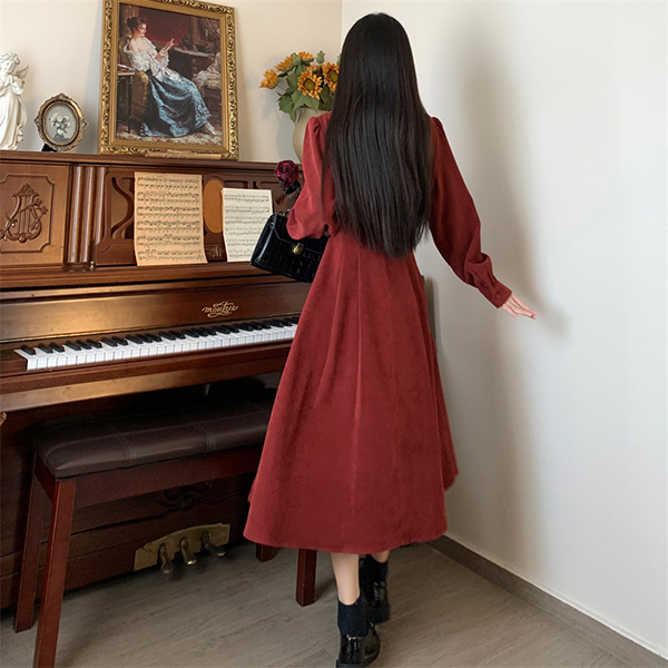 ワンピース 冬服 秋冬 長袖 フレンチ レトロ かわいい レディース パーティー Aライン レッド お出かけ 大きいサイズ 上品 おしゃれ エレファッション 