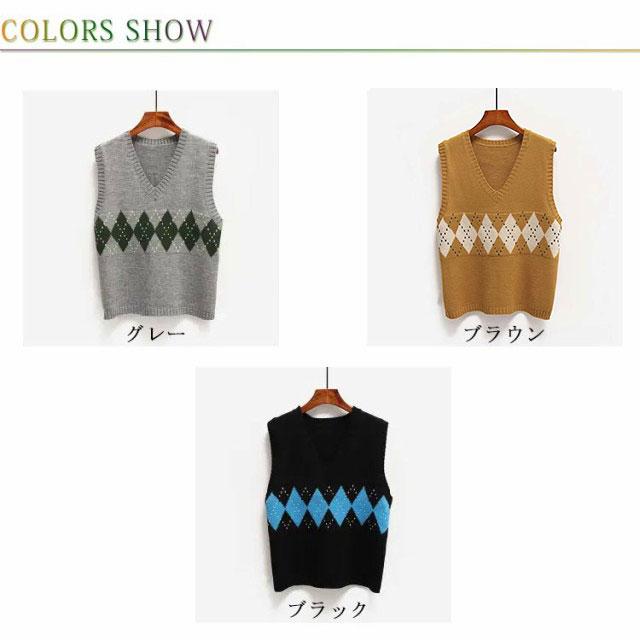ニットベスト レディース ベスト 秋冬 ニット 重ね着 袖なし アーガイル柄 チェック おしゃれ 切り替え カジュアル プルオーバー ゆった Vネック 