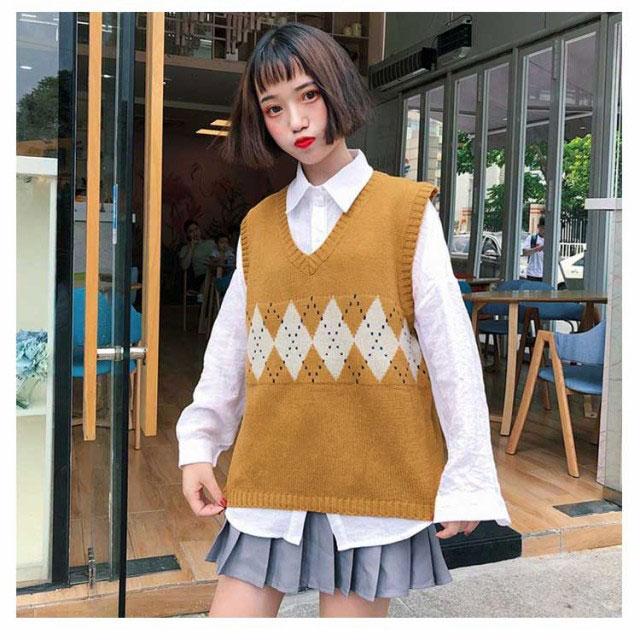 ニットベスト レディース ベスト 秋冬 ニット 重ね着 袖なし アーガイル柄 チェック おしゃれ 切り替え カジュアル プルオーバー ゆった Vネック 