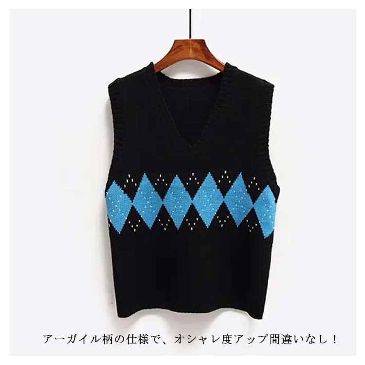 ニットベスト レディース ベスト 秋冬 ニット 重ね着 袖なし アーガイル柄 チェック おしゃれ 切り替え カジュアル プルオーバー ゆった Vネック 