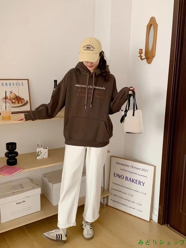 英文字 刺繍 裏起毛 裏ボア フード付き トレーナー レディース 秋冬 